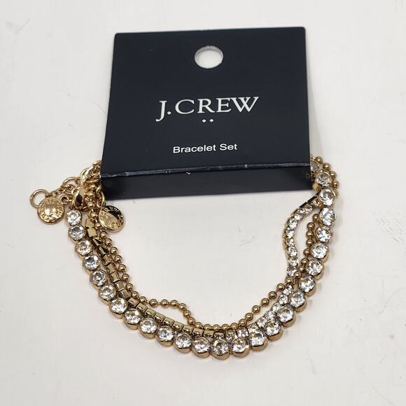 J Crew Gold Tone Chain Bracelet Set of Pieces Clear Crystal Accents Adjustable - Picture 1 of 4